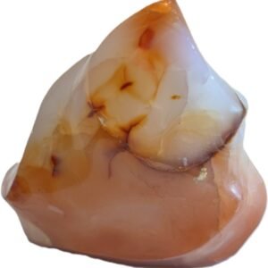 Carnelian flame 11 1 sians emporium Hand carved polished carnelian flame sculpture featuring twisting ridges with deep mahogany red burnt orange tones and smoky chalcedony patches isolated on a white background